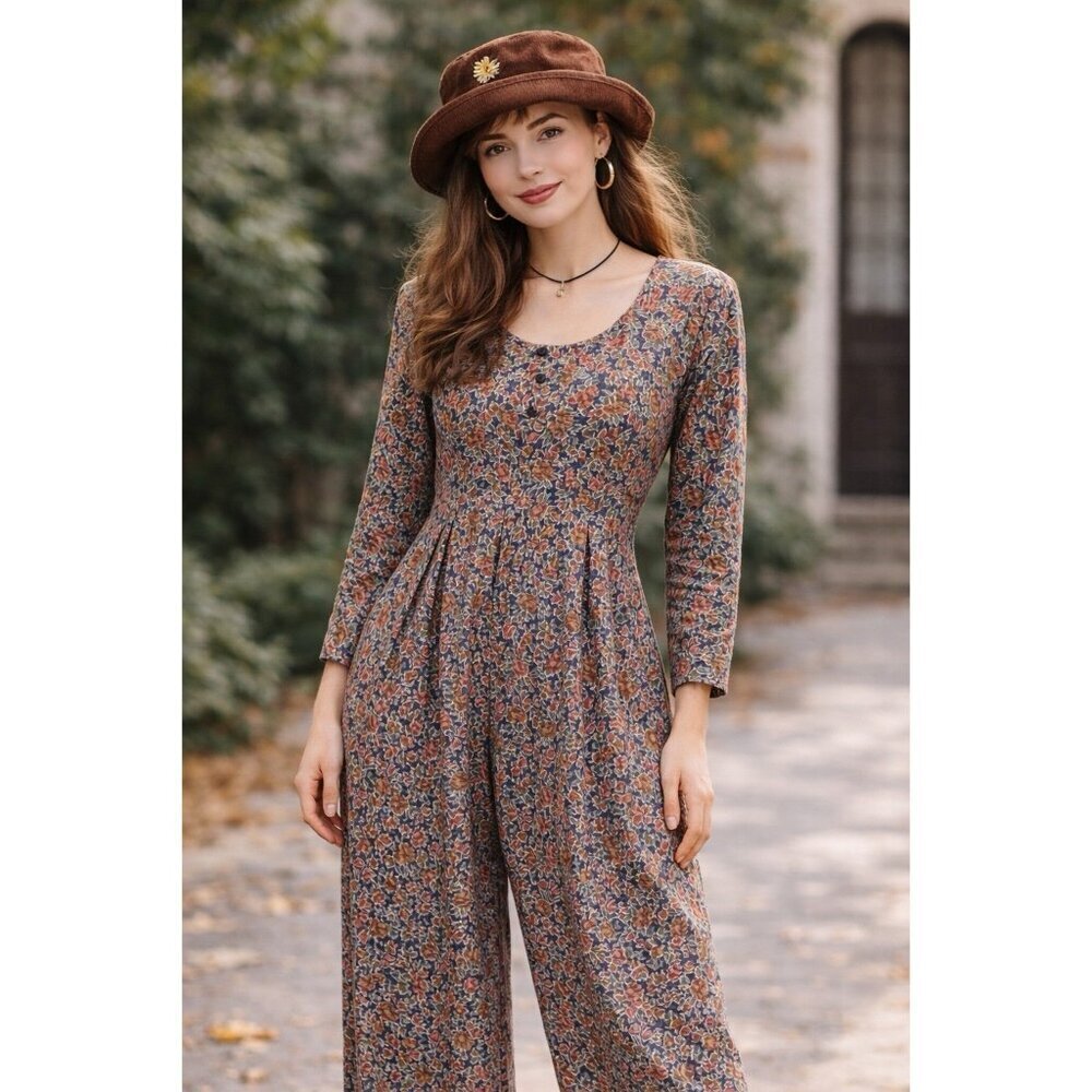 Vintage 90s Express Womens Jumpsuit Sz Medium Brown Floral Wide Leg Cottagecore
